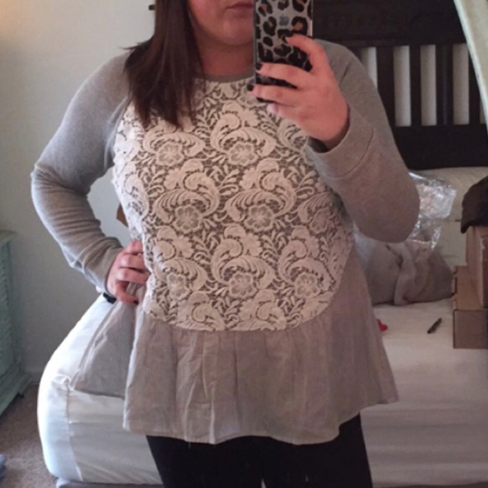 Anthropologie Sweater with lace appliqué